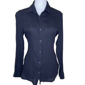 rag & bone Black Faux Linen Crinkled Button Down Top Blouse Shirt Large